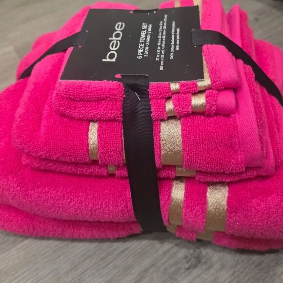 Bebe 6-Piece Gold Striped Embroidered Towel Set- Pink/Gold - Picture 5 of 7